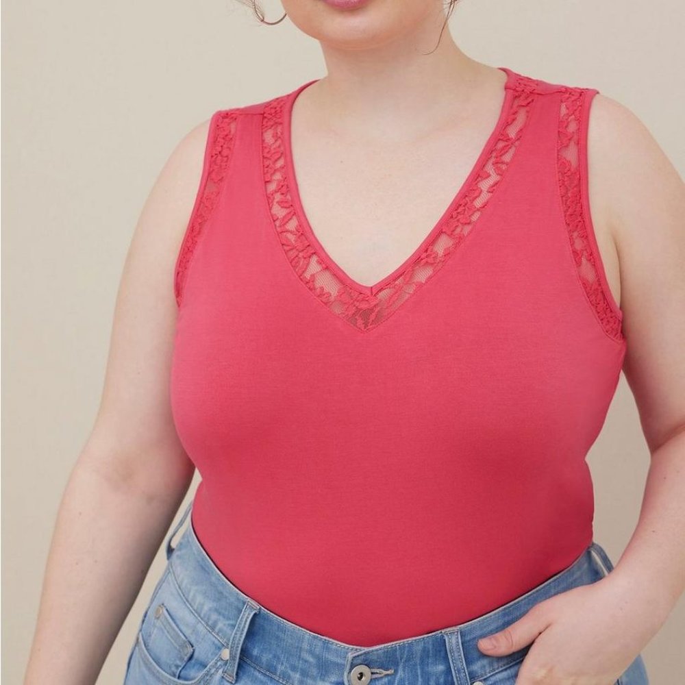 Torrid Pink Classic Fit Feather Soft Slub Lace Trim V-Neck Tee - 4X